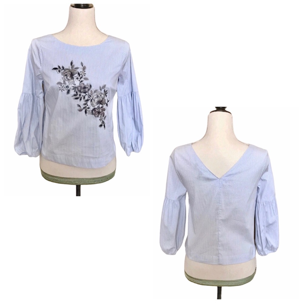 WHBM Floral Embroidered Blue & White Blouse